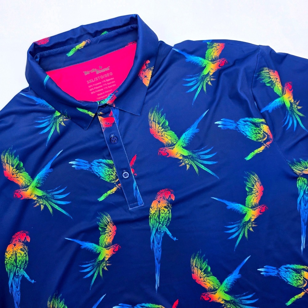 Birdie Bound Mens 3XL Rainbow Parrot Golf Polo Shirt Navy Blue Tropical Stretch